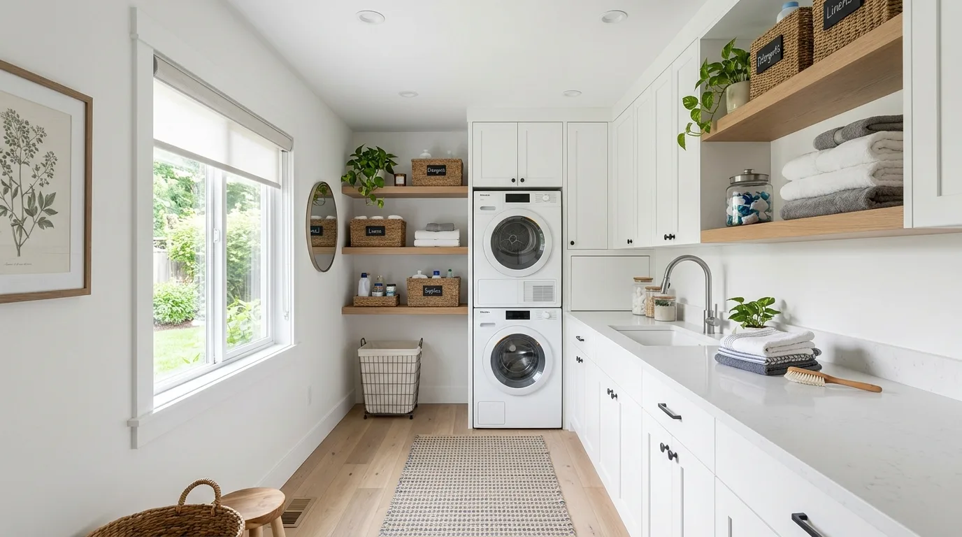 Organized and stylish laundry room with efficient storage and clean finishes.
